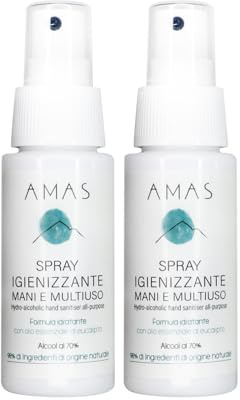 AMAS Spray DESINFECTANTE - 100% Hecho a Mano en Italia - 98% Origen Natural - Alcohol 70% - Hidratante y Emoliente - Con Aceite Esencial de Eucalipto 2x50ml