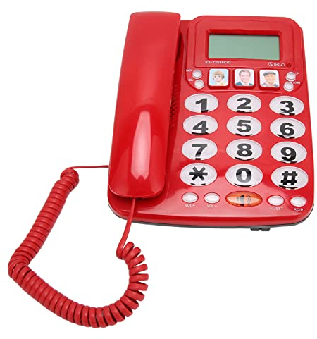 Großes Tastentelefon für Senioren, Schnurgebundenes Festnetztelefon, Bildtasten für Patienten mit Klarem Ton, Dual Port Unterstützung Zum Speichern von 3 Häufig Verwendeten Nummern(Rot)