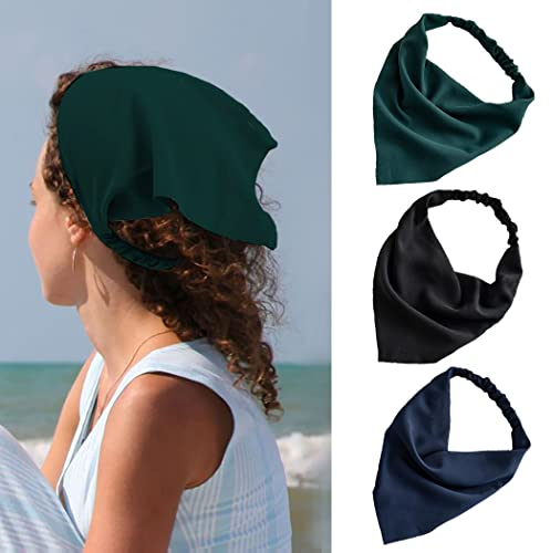 Zoestar Boho Triangle Headbands Pure Color Chiffon Head Kerchief Hair Bandanas Wide Turban Hair Scarfs Elastic Hair Band for Women and Girls,3 Pcs (Dark Green,Black,Blue)