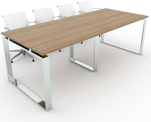 Mesa con Estructura metálica Marco Cerrado Efecto Cromo de 240x100, con pata retranqueada y Tablero melaminado Ideal para Sala de Juntas, reuniones, conferencias (Roble)