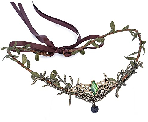 MOSTORY Hexenkrone Schläger Kopfschmuck für Waldelfe Kostüm Damen, Grün Haargirlande Elfen Haarschmuck für Cosplay Karneval Party Fee Ball