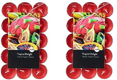 Teelichter Duft 2x30 Stück (60 Teelichter) - Brenndauer: 4,5 Std., Rußfrei - für Windlicht, Teelicht-Glas, Kerzenständer - Weihnachten, Geschenk, Deko, Hochzeit, Gastro (Rot - Duft: Tropische Früchte)