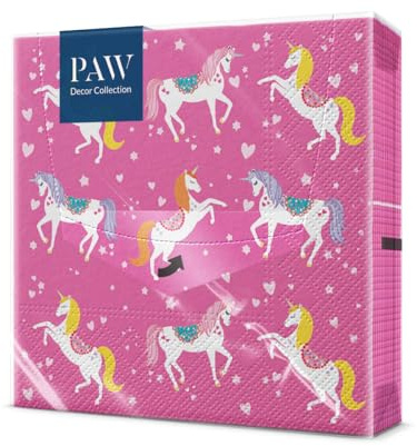 PAW – servetter 3 lager (33 x 33 cm) I 20 stycken I perfekt för fester, födelsedagar, fester I barnkalas bordsdekoration – färgglada pappersservetter med motiv – enhörningar rosa I enhörning blomma
