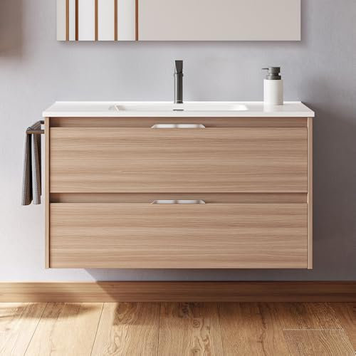 AMIZUVA | Conjunto de Mueble de Baño Suspendido Suki con 2 cajones | Anchura 100 cm | Incluye Lavabo Cerámico y Espejo| Acabado en Nogal Arenado|Muebles de Baño con Lavabo y Espejo