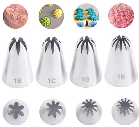 1B 1C 1E 1G Drop Flower Piping Tips,Extra Large Star Piping Nozzles Set for Shell,Swirl,Rosette,Cake & Cupcake Decorating,Closed Star,4 Pcs