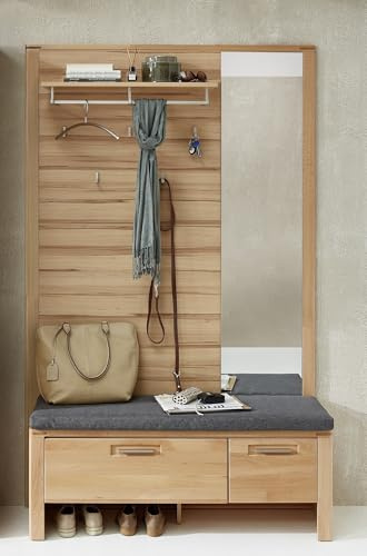 möbelando Garderoben-Set >Nature One< in Kernbuche teilmassiv, mit Spiegel-Paneel (120x157x29 cm) und Schuhbank (120x48x40 cm), Soft-Close-Tür, FSC-Zertifiziert, ideal für Flur und Eingangsbereich
