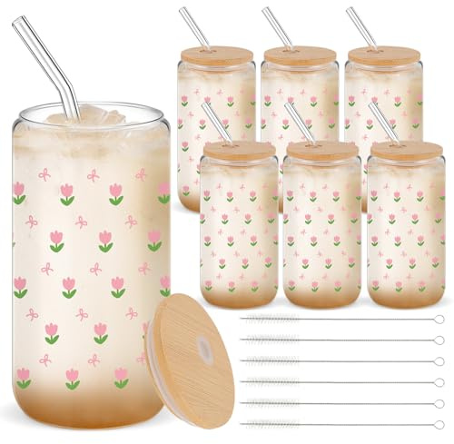 Yetene 6 Sets 16oz Christmas Glass Cups with Lids and Straws, Beer Iced Coffee Drinking Glasses Cute Aesthetic Cup with Lid Straw and Cleaning Brush for Gifts(Pink Tulip)