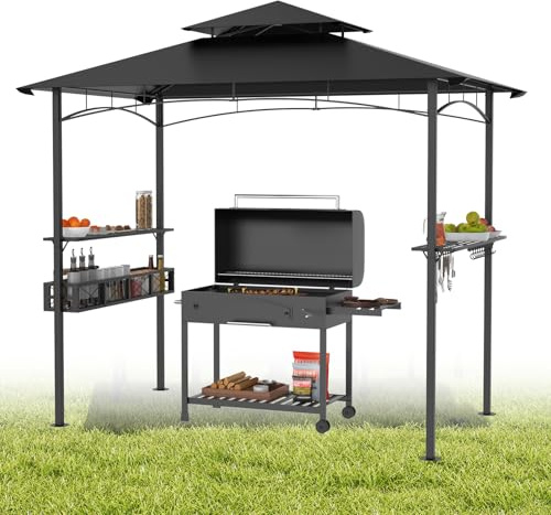 Pavillon de barbecue avec toit à double couche, 245 x 153 x 250 cm, pavillon de jardin imperméable et ignifuge, incl. panier de rangement, tente de jardin pour jardin/fêtes/BBQ, Noir