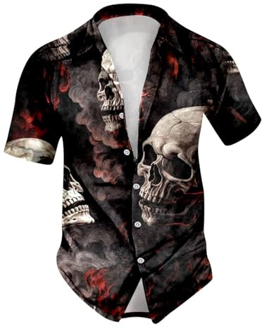 Halloween Shirts for Men UK Pumpkin Printed Button Down Casual Short Sleeve Horror Ghost Themed Hawaiian Shirt Skull Button Up Shirts Scary Halloween Costumes (Black, M)