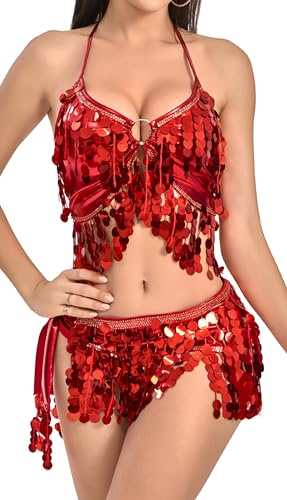 SEAUR Ensemble 2 pièces avec jupe à franges à paillettes pour femme - Tenue de danse du ventre réglable à lacets dans le dos - Écharpe de hanche pour carnaval, festival, fête, performance sur scène