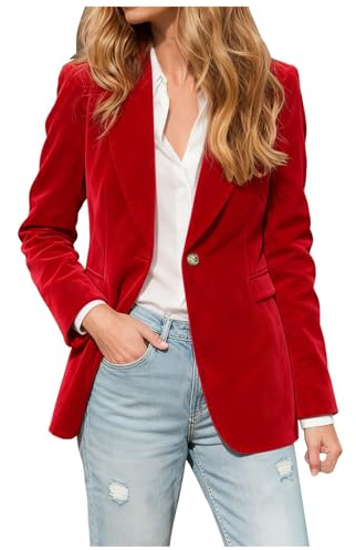 Blazer pour Femme - Velours Côtelé À 1 Bouton Vintage Manches Longues Col Revers Crantés Couleur Unie Chic Et Elegant Veste pour Le Travail Le Bureau avec Poches (Rouge, XL)