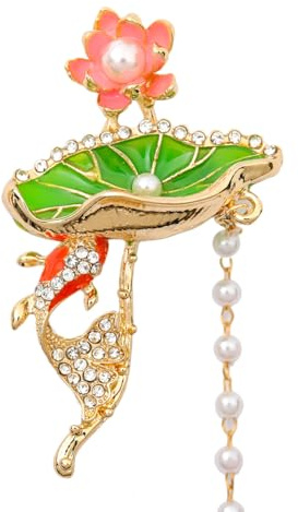 Lotus Koi Tofsbrosch, Vintage Brosch Av Gummi Och Diamant