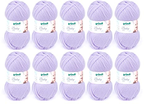 Gründl Baby uni stickgarn/virkgarn (OEKO-TEX certifierad babyull, slitstark och lättskött, 70% polyakryl 30% polyamid, 50 g/150 m, nåltjocklek: 3,5 – 4,5, 10 x 50 g), syren