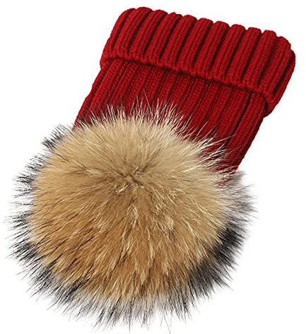 feifanshop Warm Mütze Pelz Bommel Echtpelz Waschbär Ski-Mütze Fellbommel Pelzbommel Raccoon