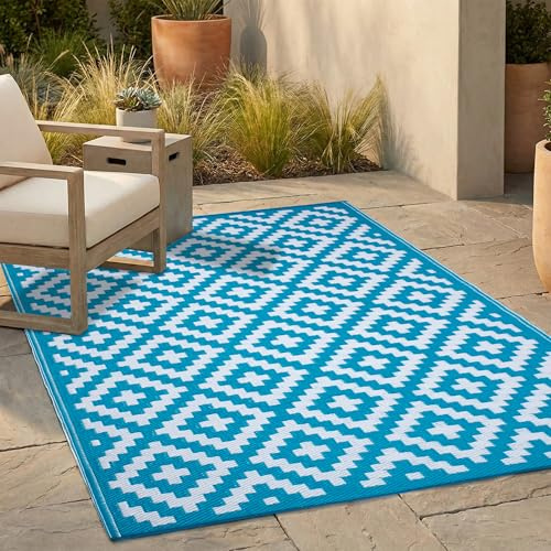 FH Home Outdoor-Teppich - wasserdicht, farbecht, wendbar - recycelter Premium-Kunststoff - Geometrisch - Terrasse, Veranda, Balkon, Vorraum, Waschküche - Aztec - Petrol & Weiß knitterfrei - 91 x 152
