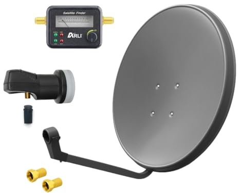 ARLI 60 cm HD Sat Anlage Single LNB + Satfinder + 2X F-Stecker Digital 1 Teilnehmer Antenne Grau UHD 4K FullHD