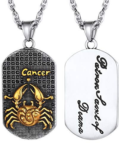 Cancer Dog Tag Pendant with Chain Stainless Steel Zodiac Star Sign Constellation Horoscope Necklace for Men Women