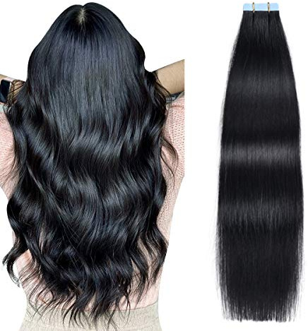 SUYYA Tape Extensions Echthaar 12 Zoll 30 cm #1 Tief Schwarz | Remy Echthaar, natürliche Haarverdichtung, Skin Weft, 20 Stück 40 g, für mehr Länge und Volumen mit natürlichem Look