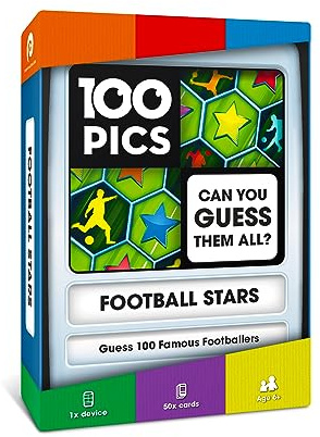 100 PICS Football Stars Travel Game - Guess 100 Players | Flash Cards with Slide Reveal Case | Quiz Card Game, Gift, Stocking Filler | For Kids and Adults | Ages 6+