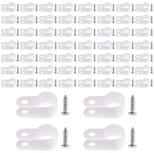 Rustark 60 Stück 10.4mm Weiß Nylon R-Typ Kabelschellen Nylon Kabelhalter R Clips Schraubbefestigung Kabelklemmen mit 60 Stück 304 Edelstahl Schrauben für Drahtmanagement (3/8”)
