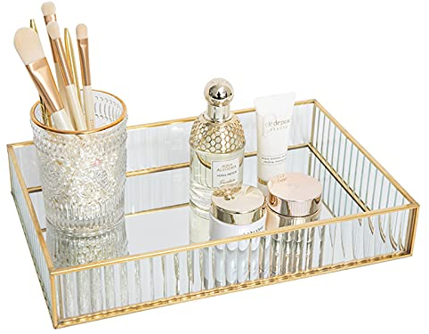 SLHEQING Vintage Spiegeltablett Gold, Dekoratives Tablett Glastablett Rechteckig Organizer Tray Kosmetik Schmuck als Schminktisch Aufbewahrung