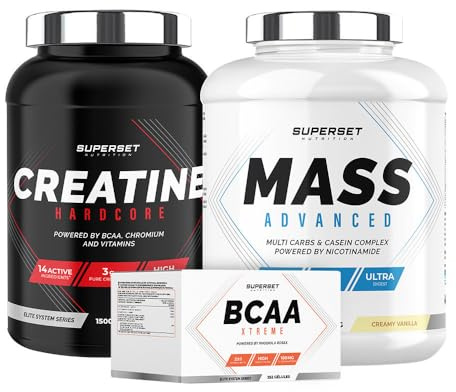 Superset Nutrition | Programme Prise De Masse Confirmé - Mass Advanced 2,5kg Vanille Crémeuse - Créatine Hardcore 1,5kg Orange - Bcaa Xtreme