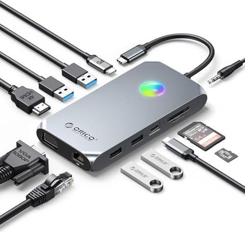 ORICO 12 en 1 USB HUB, Estación de Acoplamiento RGB USB C, 4K HDMI, 100W Power Delivery, 1 Gbps Ethernet, 4 Puertos de Datos USB 3.0, SD y TF 3.0, 1080P VGA, 14 Tipos de iluminación RGB