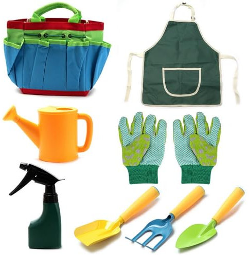 MIZAZBOX Children Gardening Set Pack of 8,Kids Gardening Tool, Watering Can Rake Trowel Shovel Apron for Boys Girls