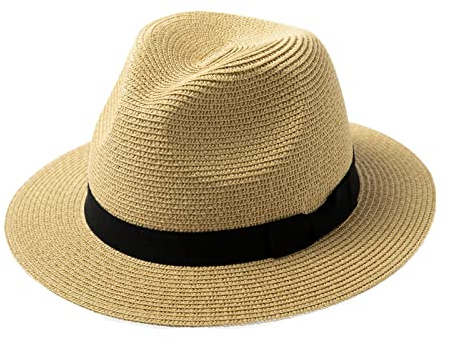 Comhats Sombreros unisex de paja para el sol de Panamá Fedora Trilby para hombres y mujeres, sombrero de playa estilo safari, plegable, XS-XXXL, 00715#Beige, L