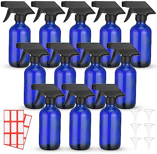 Norme 12 Pcs 8 oz Glass Spray Bottles with Funnels and Labels Refillable Cosmetic Empty Spray Bottles with Sprayer Containers for Essential Oil Cleaning Solutions(Blue,Classic)