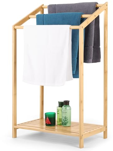 SIMEFUL Bamboo Free Standing Towel Rack Stand, Hand Towels Stand Holder,Blanket Rack with Bottom Storage Shelf,for Bath Hanger-Bathroom Organizer Storage Holder Dry Steel, Bedroom, Laundry Room