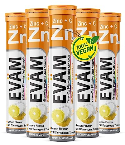EVÄM Zink plus Vitamin C Brausetabletten I Geschmack Zitrone I 5x 20 Stück I Nahrungsergänzungsmittel zur Unterstützung des Immunsystems I Vegan I Made in Germany