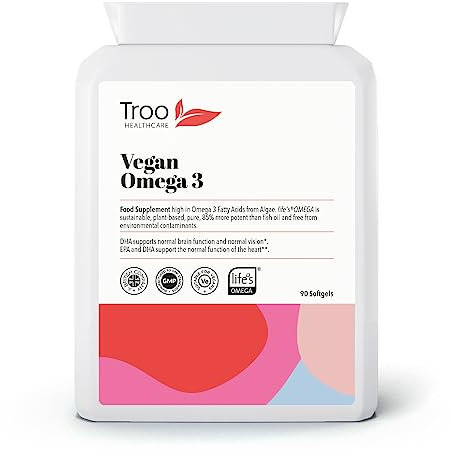 Troo Health Care Vegan Omega 3 Algal Oil 1332mg Per Serving - Provides 732mg Omegas Including a Minimum of 400mg DHA & 200mg EPA - Sustainable Plant Source Omega Oil Softgels - 90 Capsules - UK Made