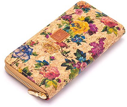 GELDBÖRSE/Geldbeutel FÜR Damen, Gross VIELE FÄCHER, MIT Reissverschluss, VEGAN, VEGANES Leder, Kork, BUNT, mit Blumen, Vintage, Bunte Rosen