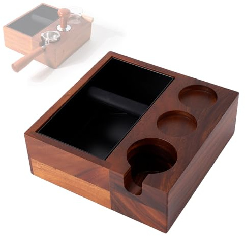 Tamperstation mit Knock Box 58mm Walnussholz 4 in 1 Espresso Tamping | Anti-Rutsch Station mit Siebträgerhalter, Barista Zubehör Organizer