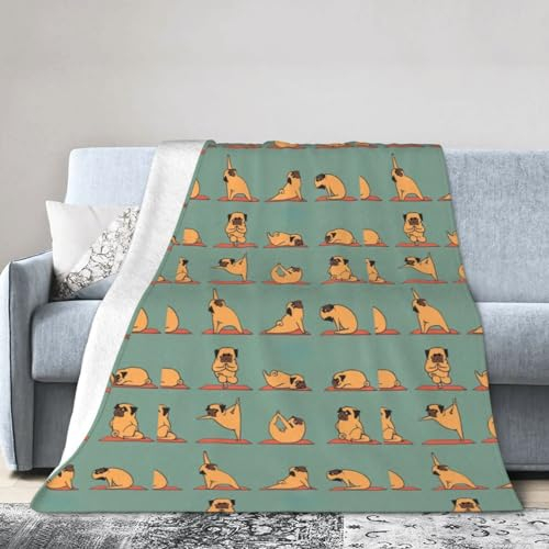 WURTON Yoga-Decke mit Mops-Druck, Flanell, ultraweich, Mikro-Fleece-Decke, Bett, Sofa, Dekoration, leichtes Geschenk, 203 x 152 cm