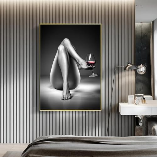 CHAOJIART Leinwanddrucke, nackte Frau, Weinglas, Gemälde, schwarz und weiß, sexy Mädchen, Poster, Wandkunst, moderne Bilder für Wohnzimmerdekoration, 70 x 100 cm, rahmenlos