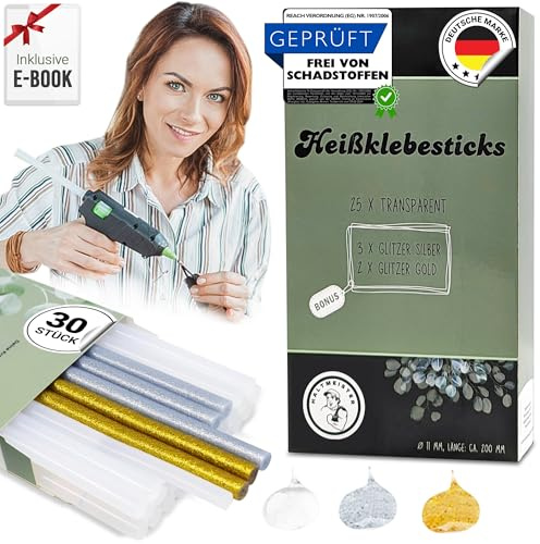 HALTMEISTER Heißklebesticks | 30 Stück Heißklebepistole-Sticks Ø11mm | Heißkleber Transparent, Gold & Silber Heißklebepistole-Klebesticks & E-Book | Heißklebestifte für alle gängigen Heißklebepistolen
