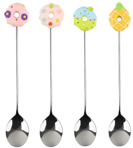 AUEAR, 4 Pack Cute Coffee Spoons Doughnut Stainless Steel Donut Teaspoons Dessert Cake Yogurt Ice Cream for Home Office Party Restaurant