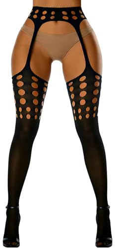 Buitifo Calcetines de red de pesca ajustados con patrón de calcetines de tirantes de cintura alta para mujeres(Negro Dd,M)
