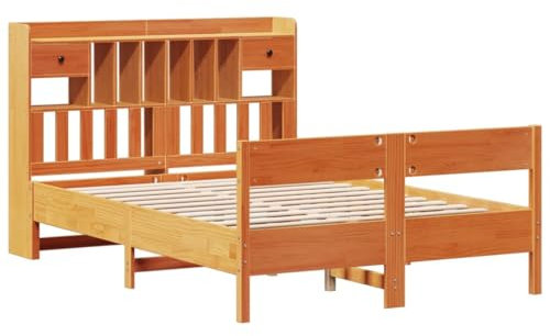 vidaXL Massivholzbett, Bett Kopfteil mit Bücherregal ohne Matratze, Bettgestell mit Lattenrost Fußteil, Holzbett Doppelbett für Schlafzimmer, Wachsbraun 135x190cm Kiefer