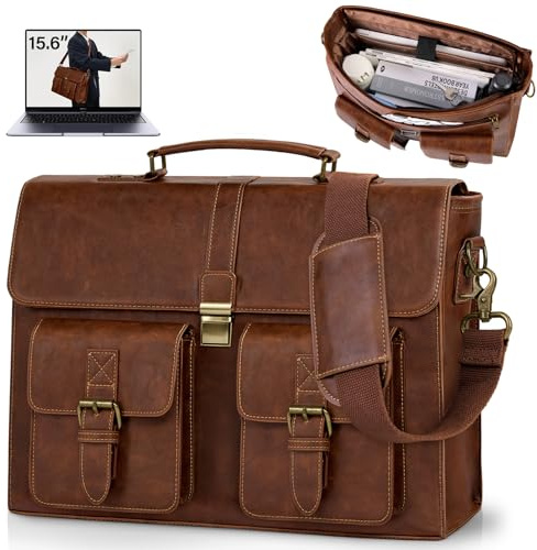 RAINSMORE Mens Messenger Bag 15.6 Inch Leather Vintage Laptop Briefcase Waterproof Computer Laptop Bag Leather Satchel Bag Large Shoulder Bag for Office Work Travel College, Brown