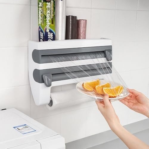 UUE Wandrollenhalter Küche, 3-in-1 Küchenrollenhalter Wand, Aufgerüsteter Folienspender, Frischhaltefolie Schneider, Frischhaltefolienspender, Alufolie Spender, Folien Papierroll