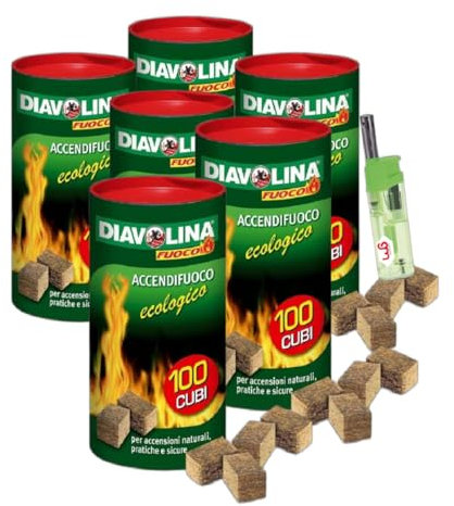 Diavolina Accendifuoco Ecologico 100pz, Accensione Istantanea Naturale Pratica Sicura per Camino, Stufa, Legna, Barbecue con Accendino GM (6 CF + accendino)