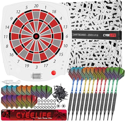 CyeeLife Elektronische Dartscheibe Profi Set mit Dart Throw Line,34 Spiele und 355 Variationen,Profi Dartscheibe für Batterien/Adapter für 1 bis 8 Spieler mit 12 Darts - Keine Datenleitung enthalten！