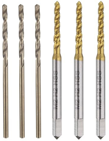 sourcing map Tap and Drill Bit Set, 3pcs M2 x 0.4 Metric Spiral Flute Thread Screw Taps & 3pcs 1.6mm Twist Drill Bits, Titanium Coated/Roasted Yellow HSS-6542/M35 HSS-CO Tapping Threading Tool