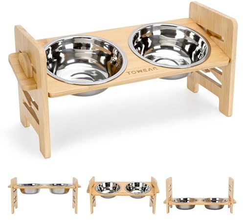 Gamelle surélevée pour chien - 6 niveaux réglables - En bambou - 2 gamelles en acier inoxydable - Avec support pour mangeoires surélevées - Bois - Taille S