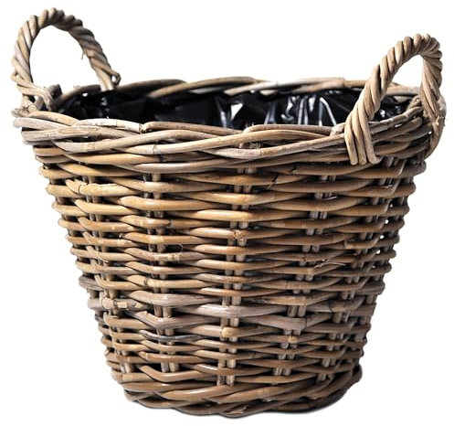 Pflanzkorb aus Weide mit Henkel und Innenfolie Blumenkorb Weidenkorb, Korb aus Weide, Pflanzgefäß Größe Ø 30 cm - H 23 cm (dunkle Folie)