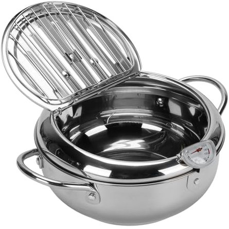 Freidora con Filtrado Aceite, Olla para Freír Acero Inoxidable 304 Engrosada con Medidor de Temperatura, Sartén con Tapa para Papas Fritas, Alitas de Pollo, Pescado, Tempura (20