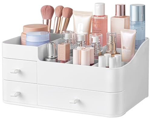 Suyoo Organiseur de maquillage avec tiroirs, rangement chic pour cosmétiques, élégant support de coiffeuse pour pinceaux, fard à paupières, lotions, rouge à lèvres, vernis à ongles et bijoux (blanc)
